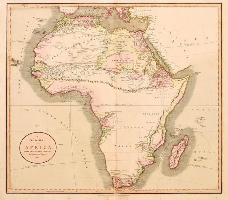 Vintage-style map with a large blank area labelled Unknown Parts