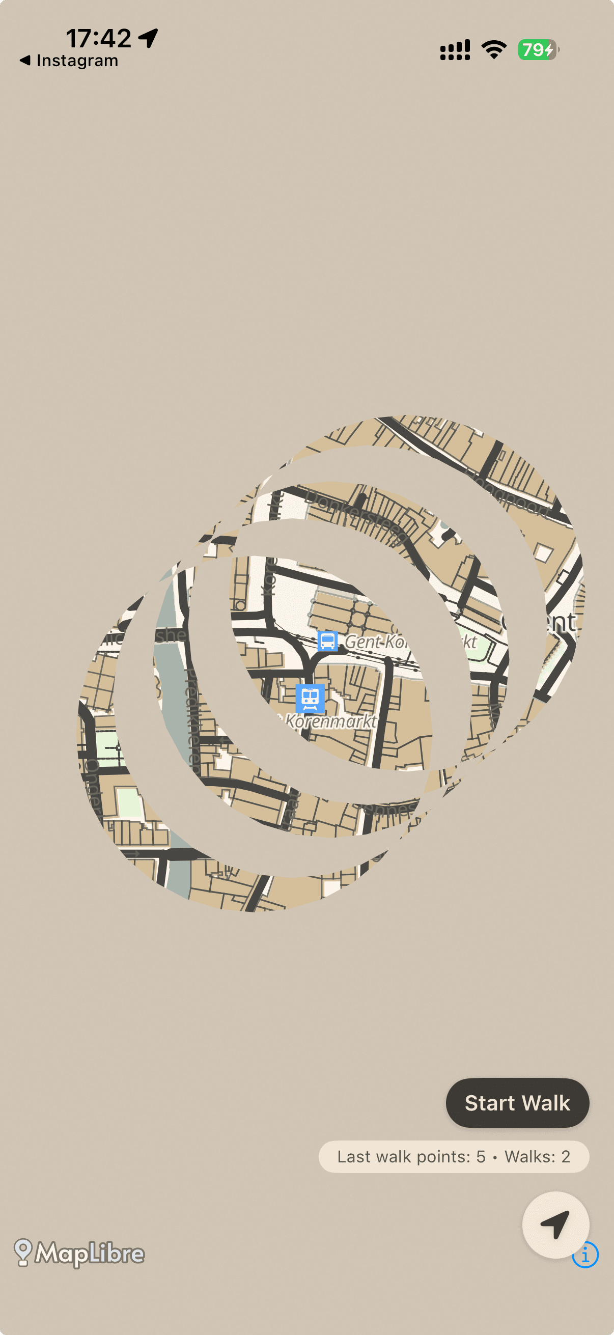 App screenshot with overlapping map circles