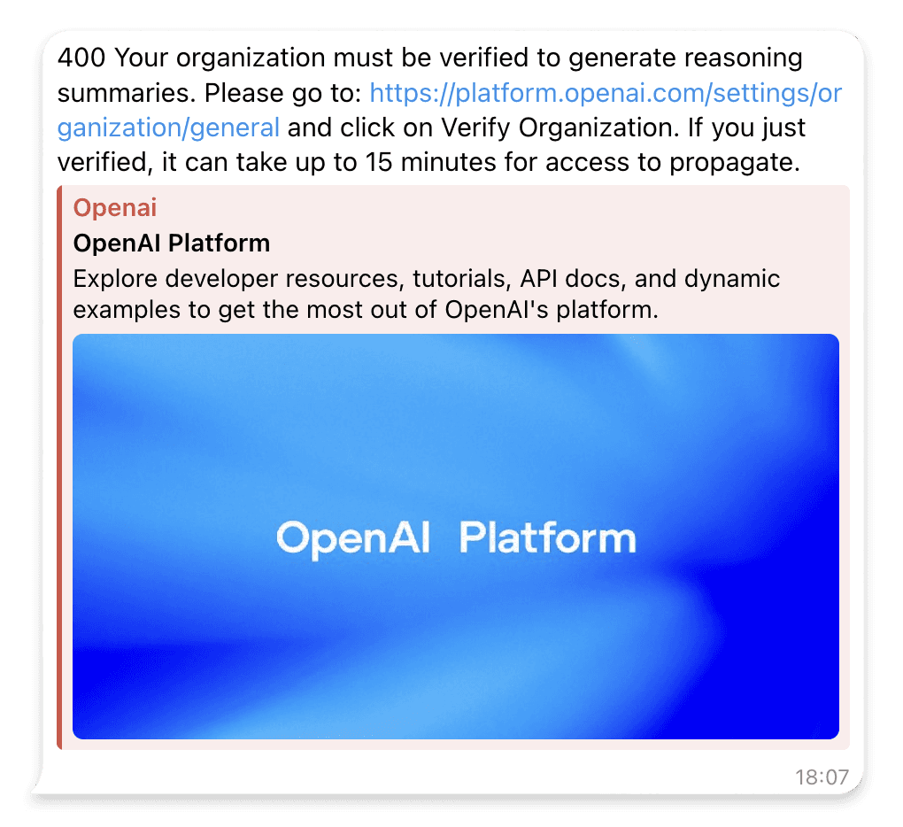 OpenAI organization verification error in Telegram