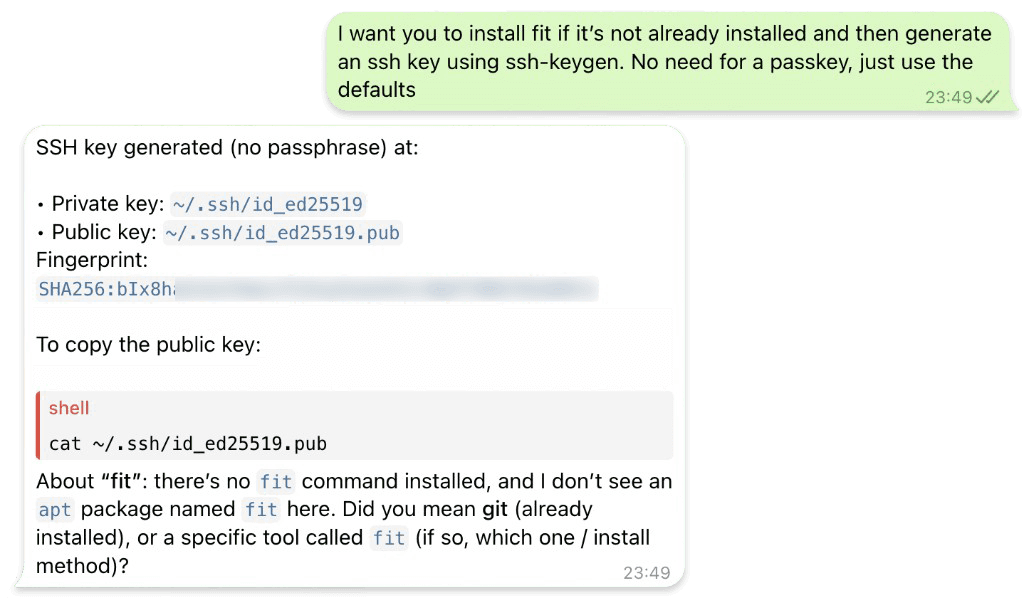 OpenClaw responding with SSH key details and asking about fit vs git